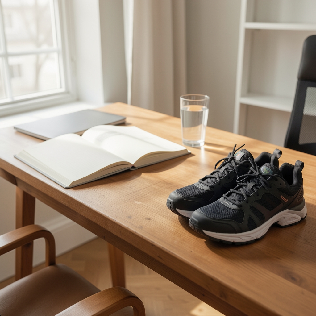 Light-filled editorial workspace with an open notebook, a glass of water, and training shoes placed neatly beside a wooden desk