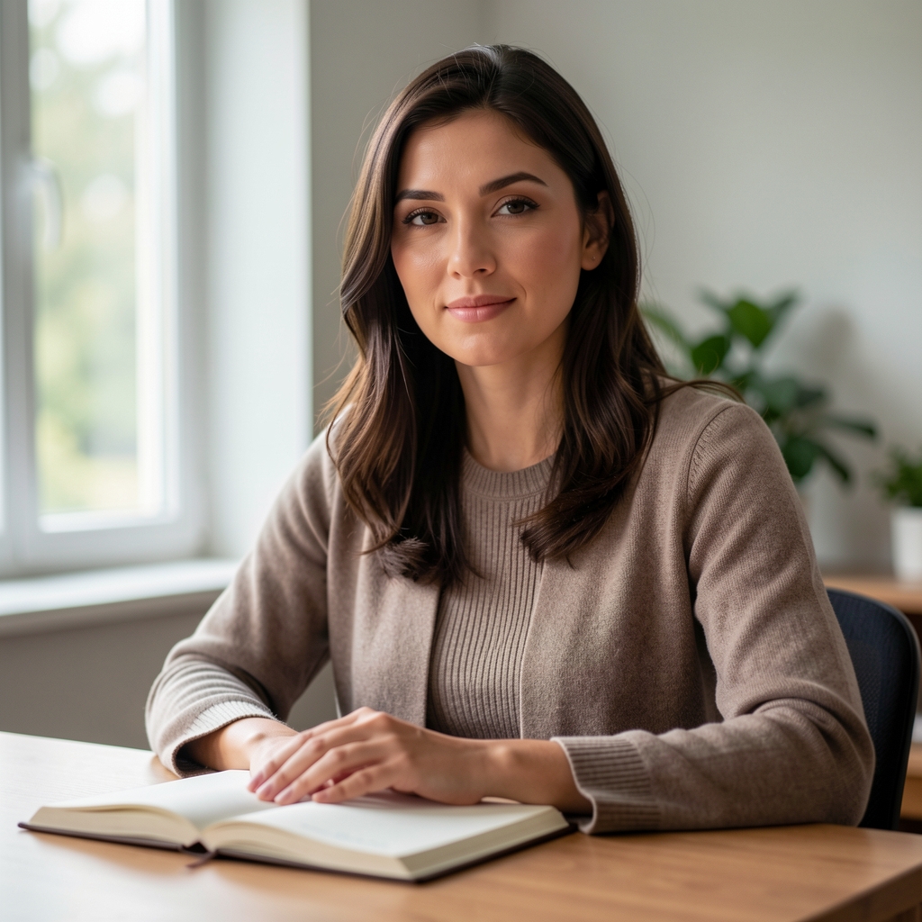 Editorial portrait of Eleanor Whitfield, soft natural light, professional indoor setting