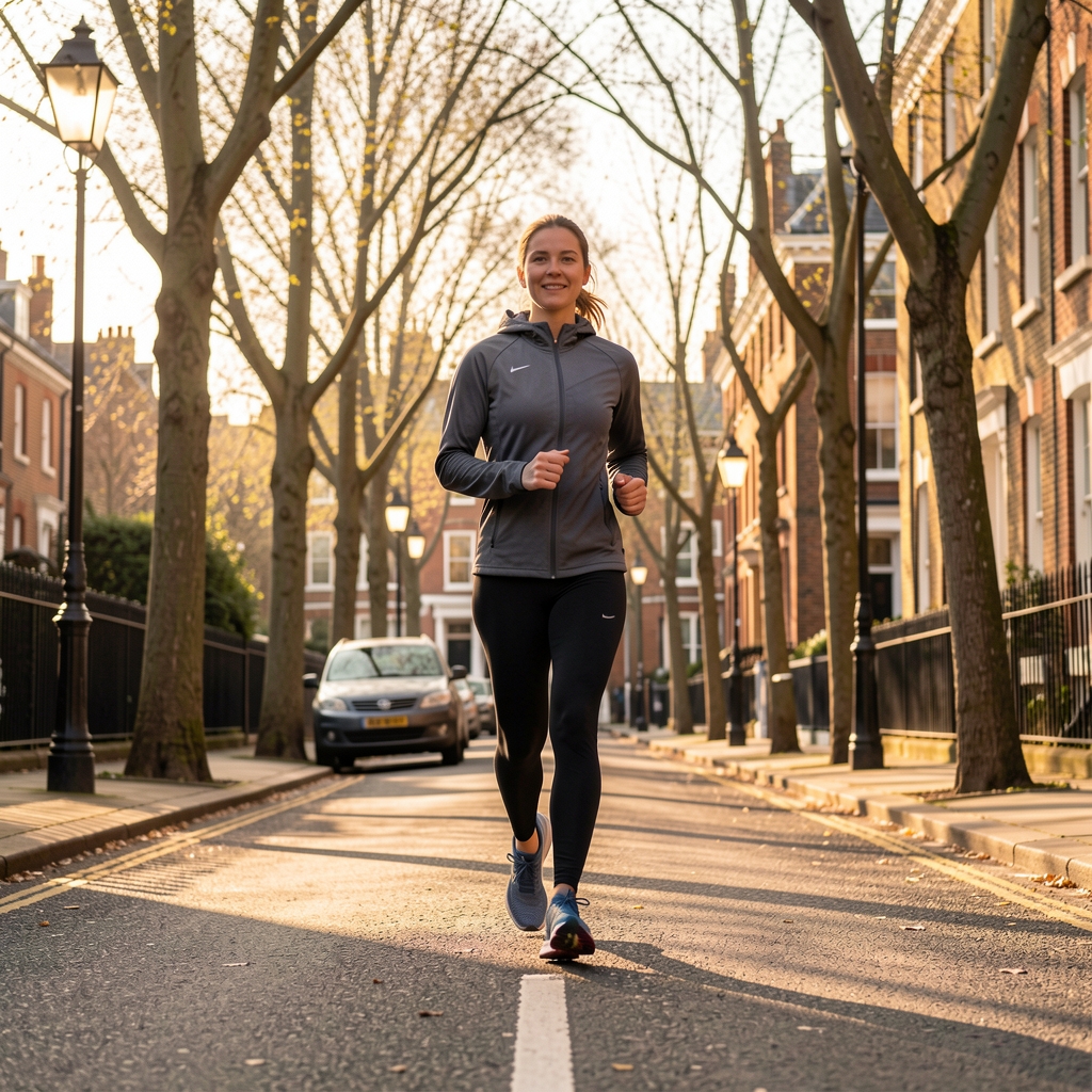Person in athletic shoes beginning a morning walk along a quiet tree-lined London street in early spring, low warm sunlight on the pavement