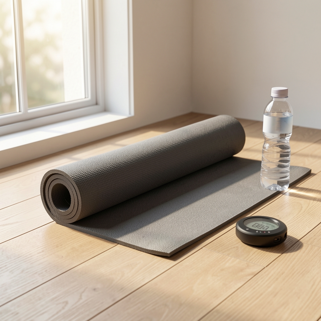 Training mat rolled out on a light wooden floor beside a window with natural daylight, exercise timer and water bottle nearby