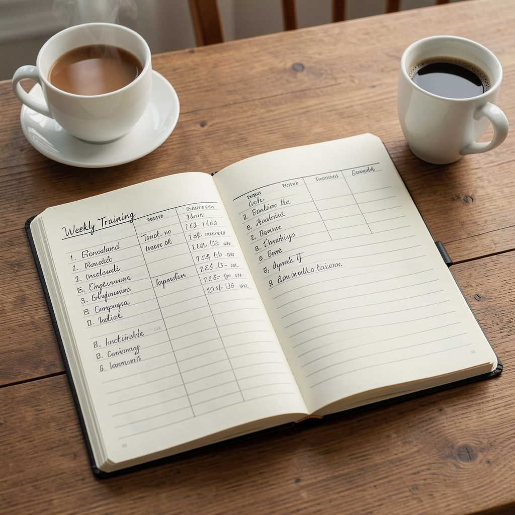 Open activity journal with a weekly training schedule written in neat handwriting, placed on a wooden desk with morning coffee