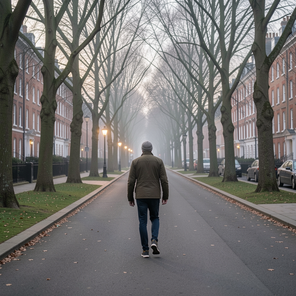 Early morning walk along a quiet tree-lined path in London, soft grey dawn light, lone figure in comfortable walking shoes on a paved trail