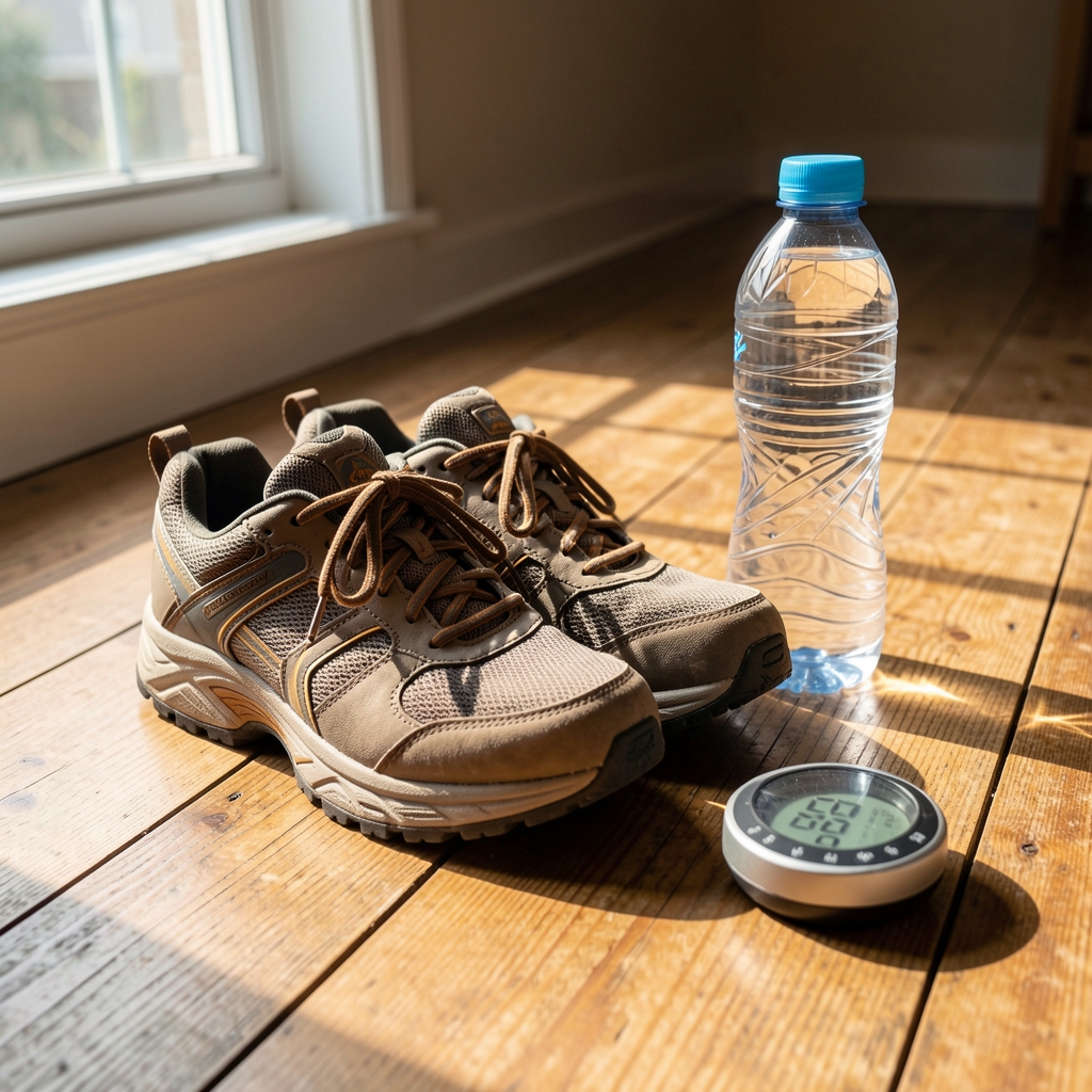 Comfortable walking shoes on a wooden floor next to a water bottle and a small exercise timer, morning light from a nearby window