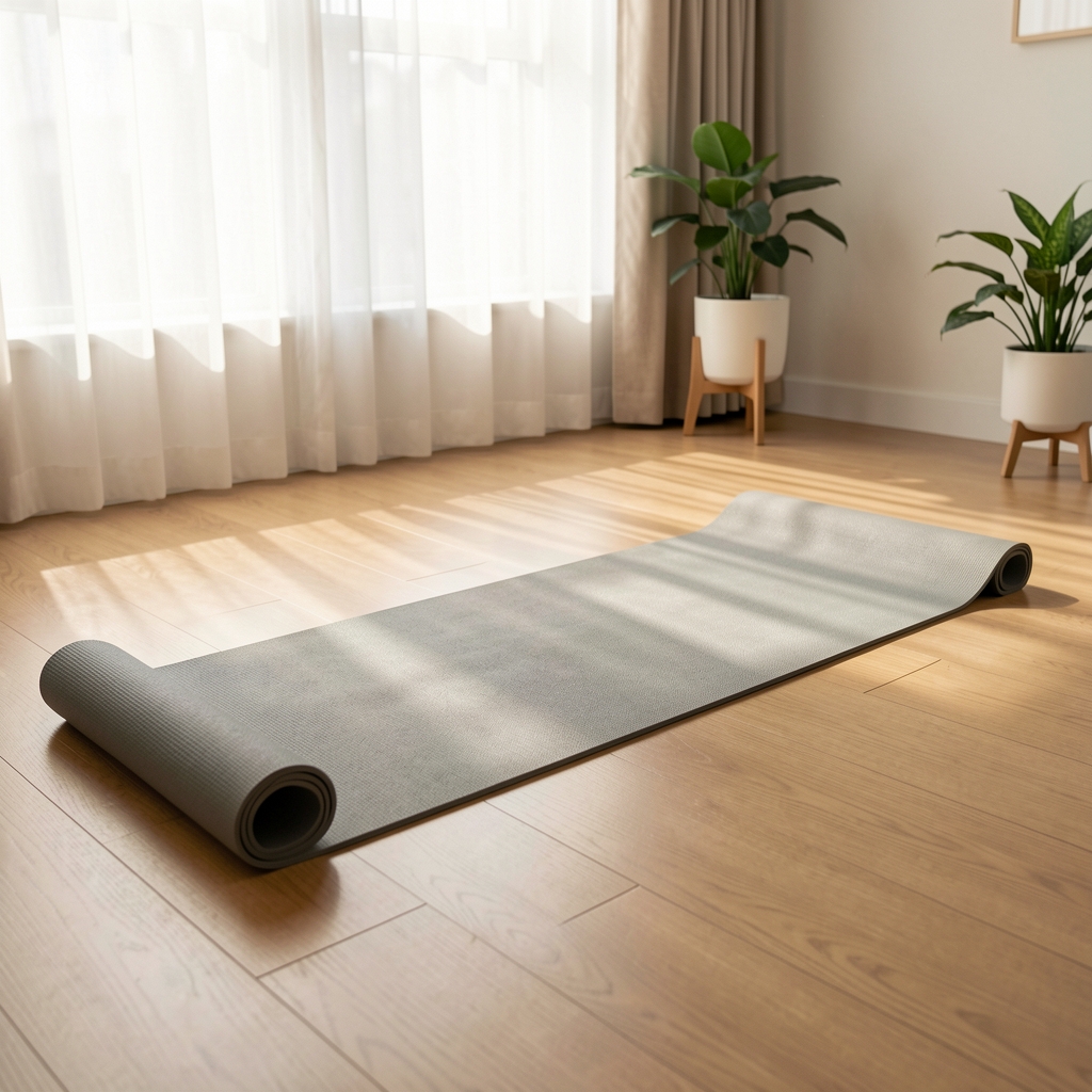 Training mat unrolled on a clean wooden floor in a quiet home, morning light through curtains, minimal home workout setup