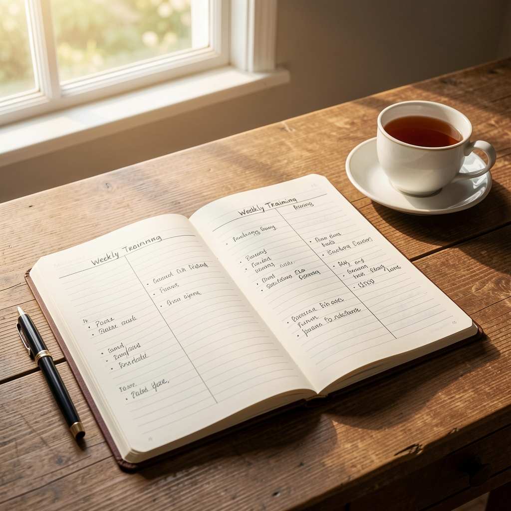 Open activity journal on a wooden desk with a pen and a cup of tea, weekly training plan written in neat handwritten columns, warm natural morning light through a nearby window