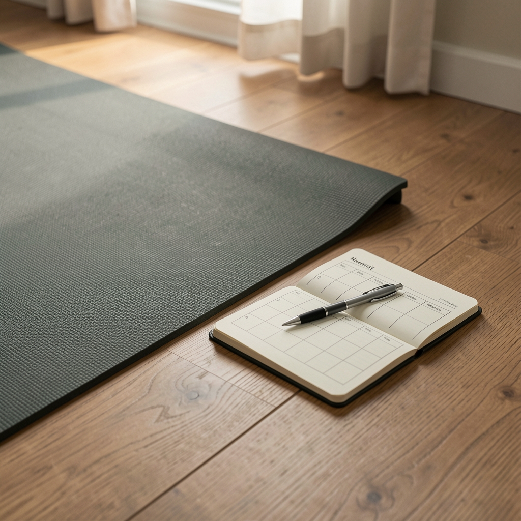 Training mat on a wooden floor next to a small notebook open to a weekly plan grid, pen resting across the page, calm morning light in a quiet home room