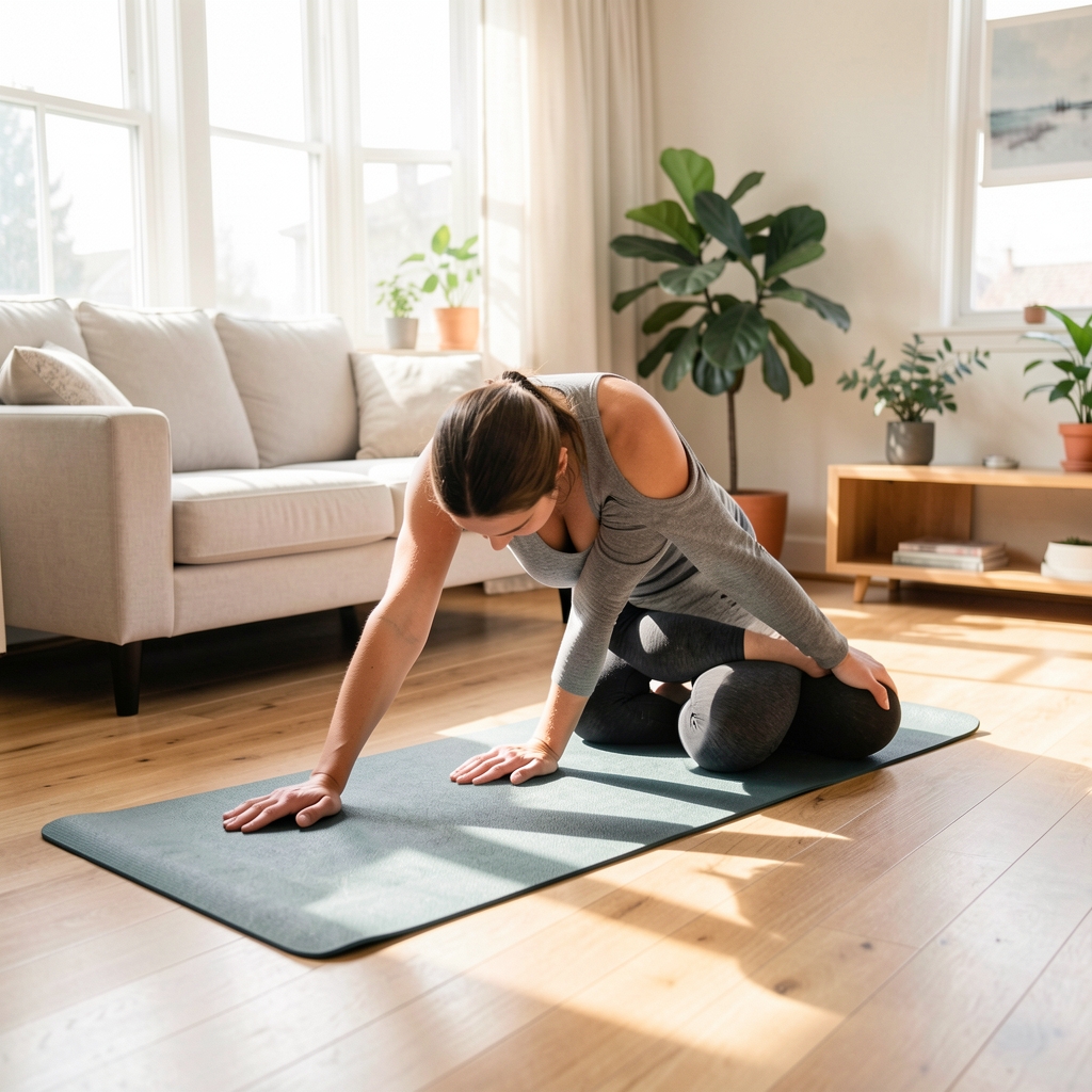Person in comfortable home workout clothes stretching on a yoga mat in a bright living room with wooden floors and morning light